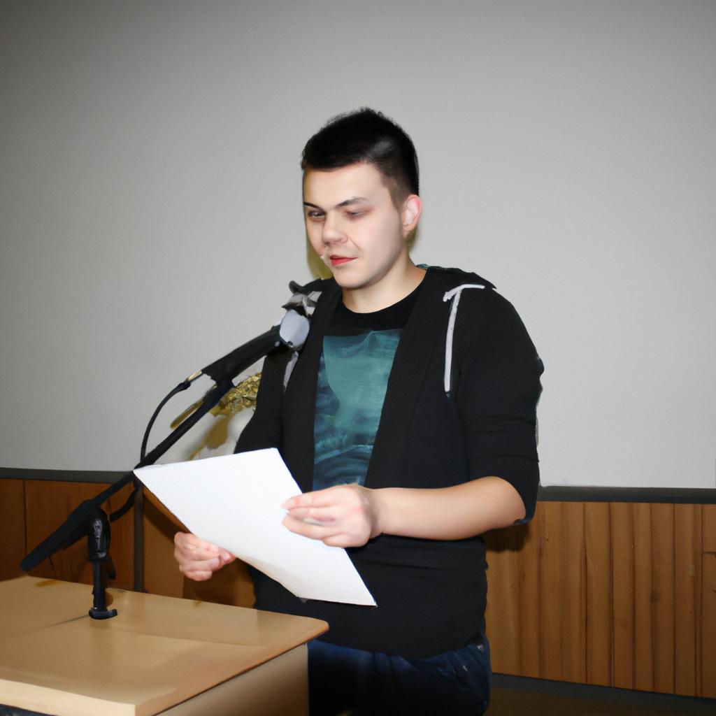 Student speaking at a podium